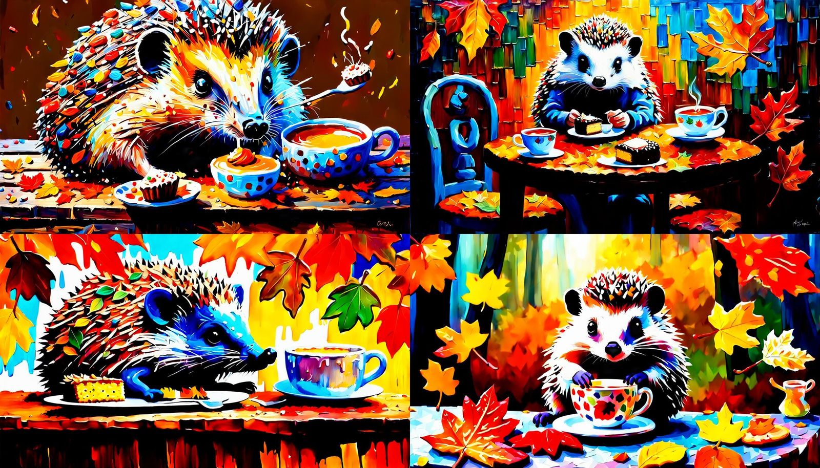 Autumn Portrait of Hedgehog Person with Tea and Cake