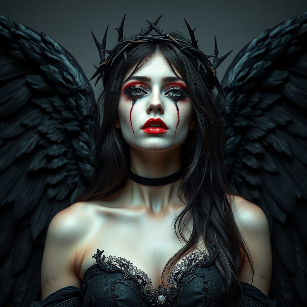 Gothic Fallen Angel with Dark Wings and Makeup
