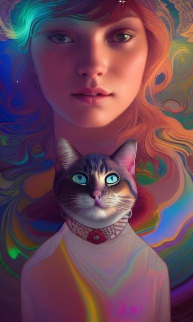 Cosmic Cat Portrait in Vibrant Holographic Style