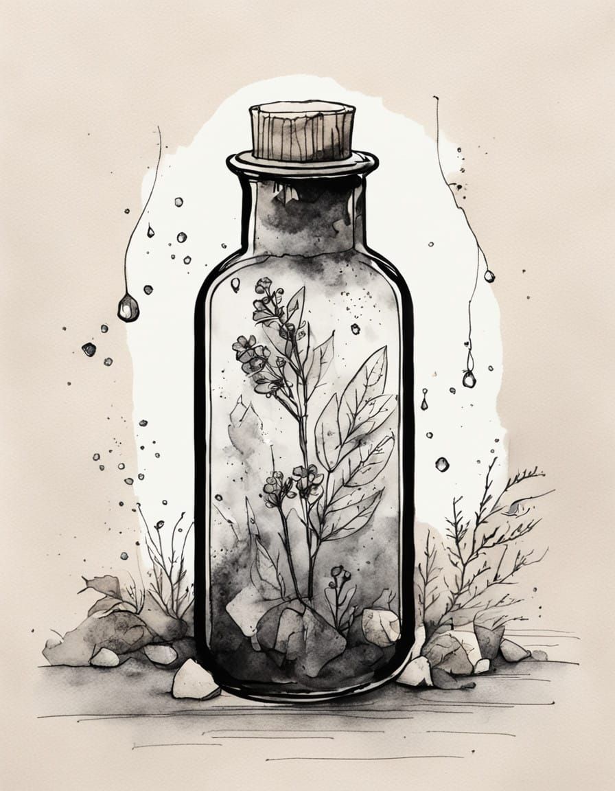 Magical Spell Bottle in Line Wash Drawing