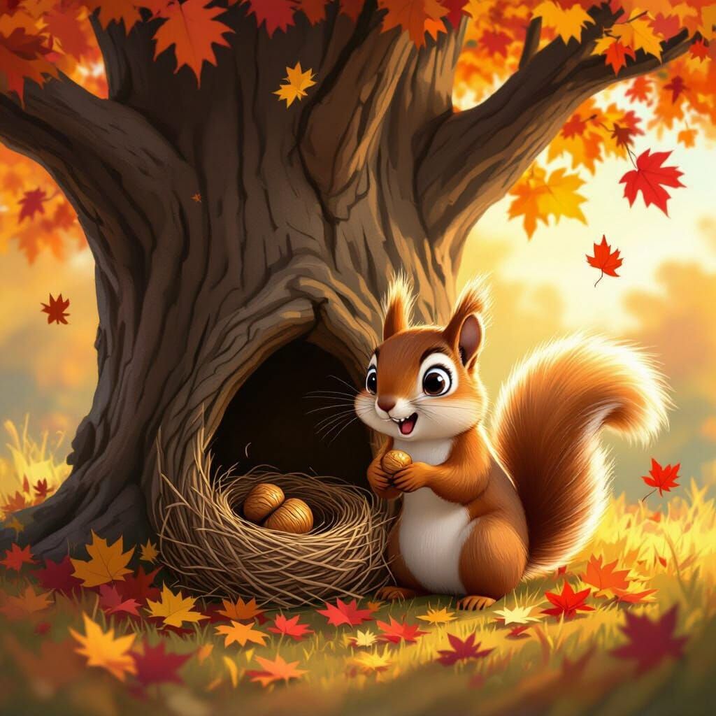 Shocked Squirrel Searches for Lost Acorn Amidst Autumn Leave...