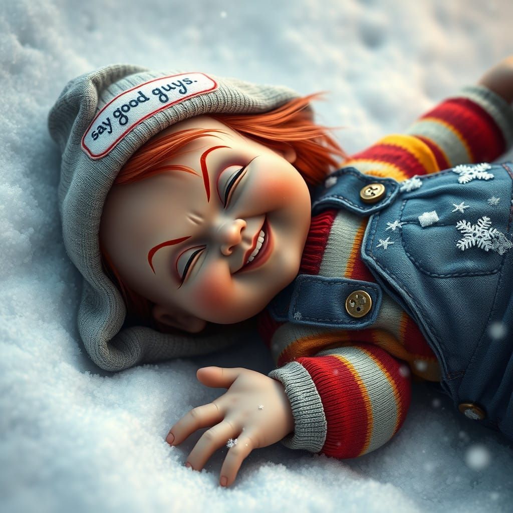 Ethereal Snow Scene with Smiling Figure in Denim and Rainbow