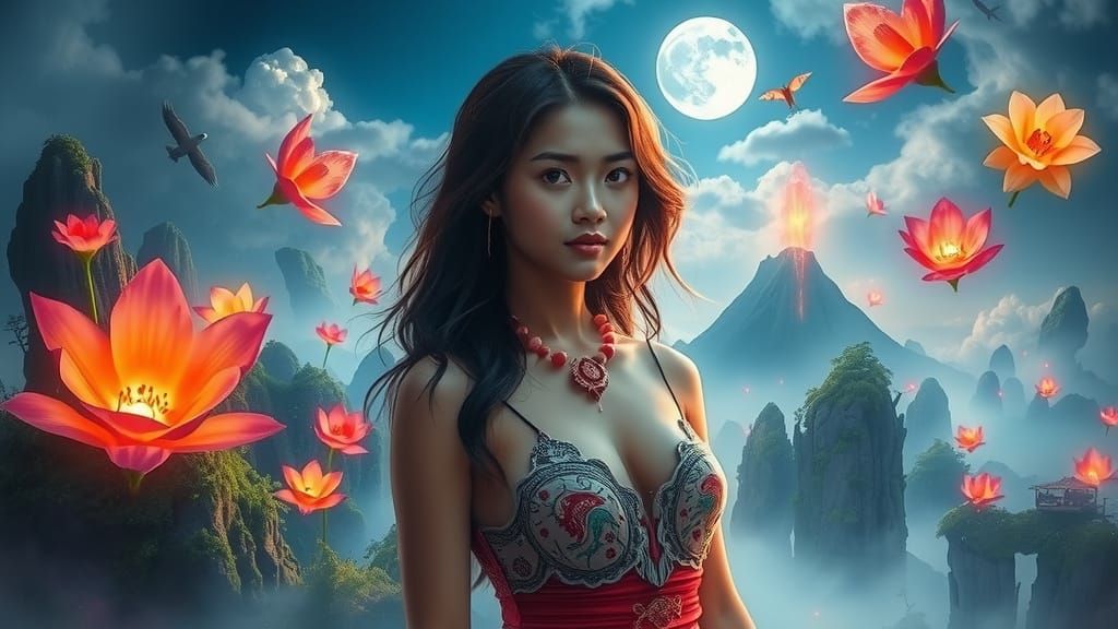 Surreal Asian Woman Guardians Indonesian Archipelago in Ethe...