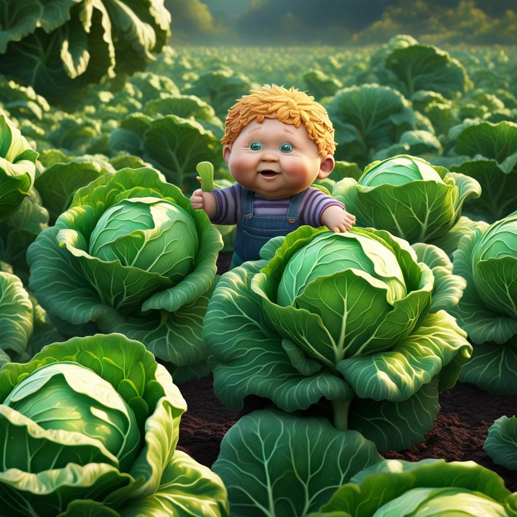 Cabbage Patch Kids growing out of cabbages in a cabbage garden Hyperrealistic, splash art, concept art, mid shot, intric...