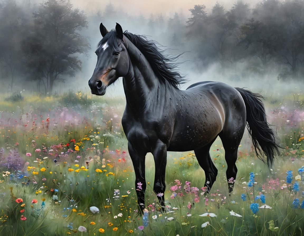 Black Horse Emerges from Misty Field with Pastel Wildflowers