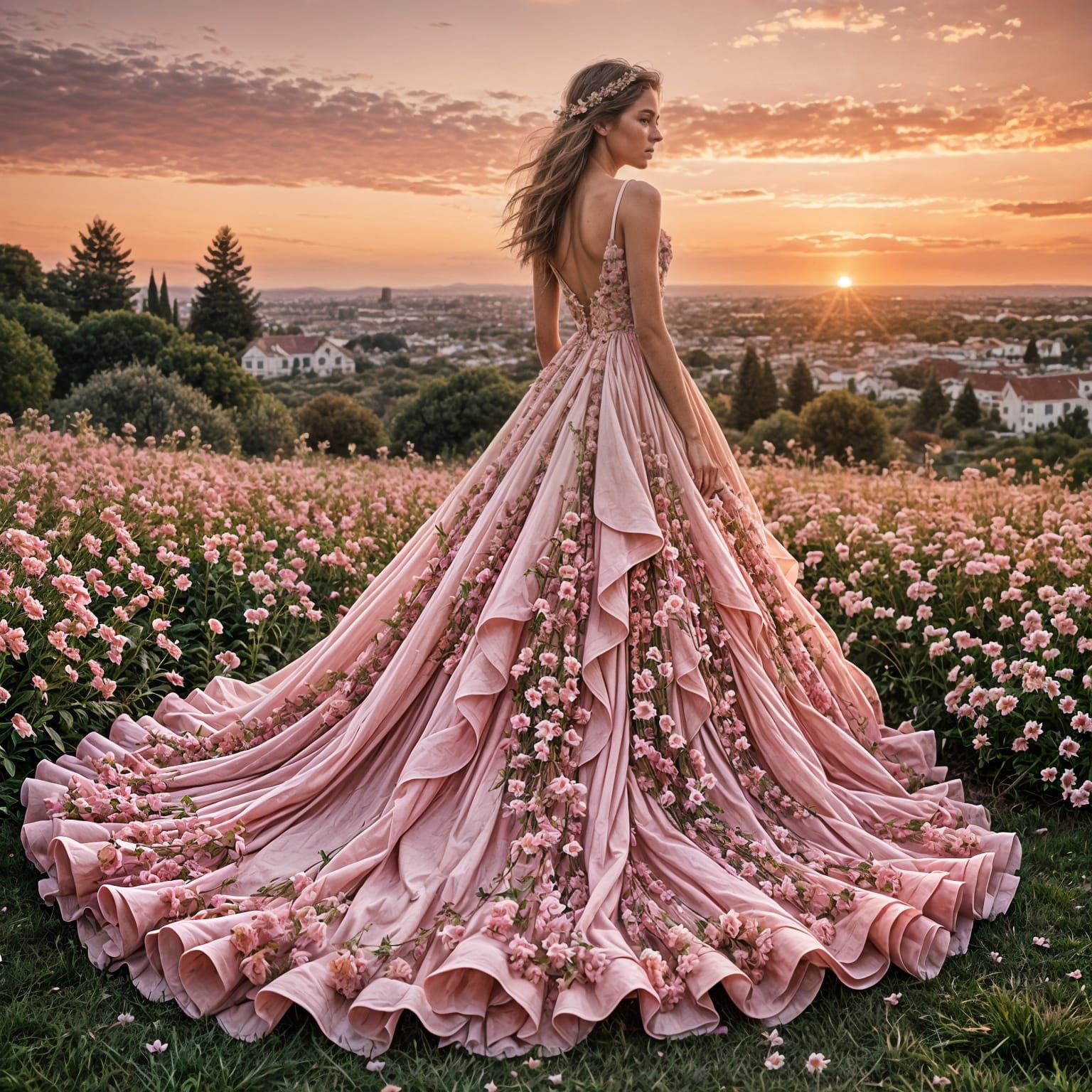 Floral Pink Gown at Sunset