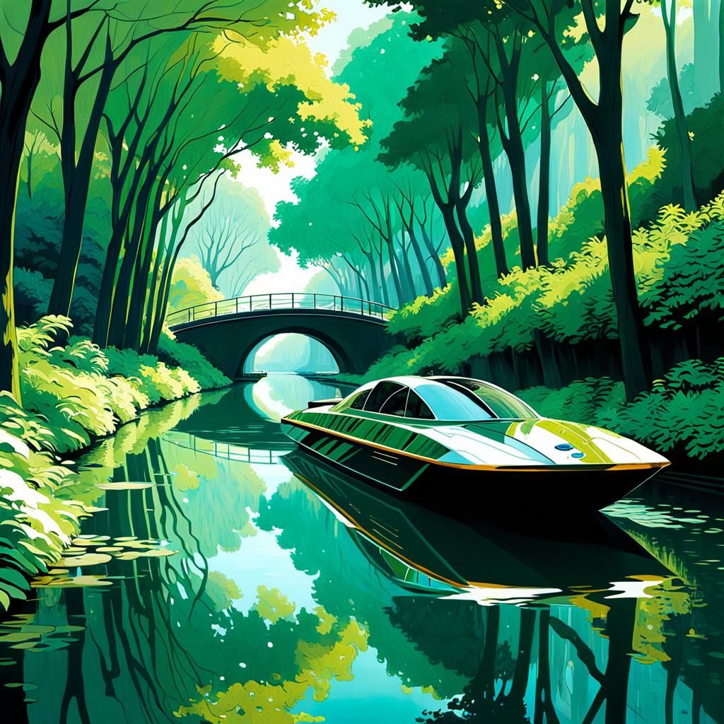Dreamy Futuristic Canal Scene with Lush Trees and Elegant Ar...