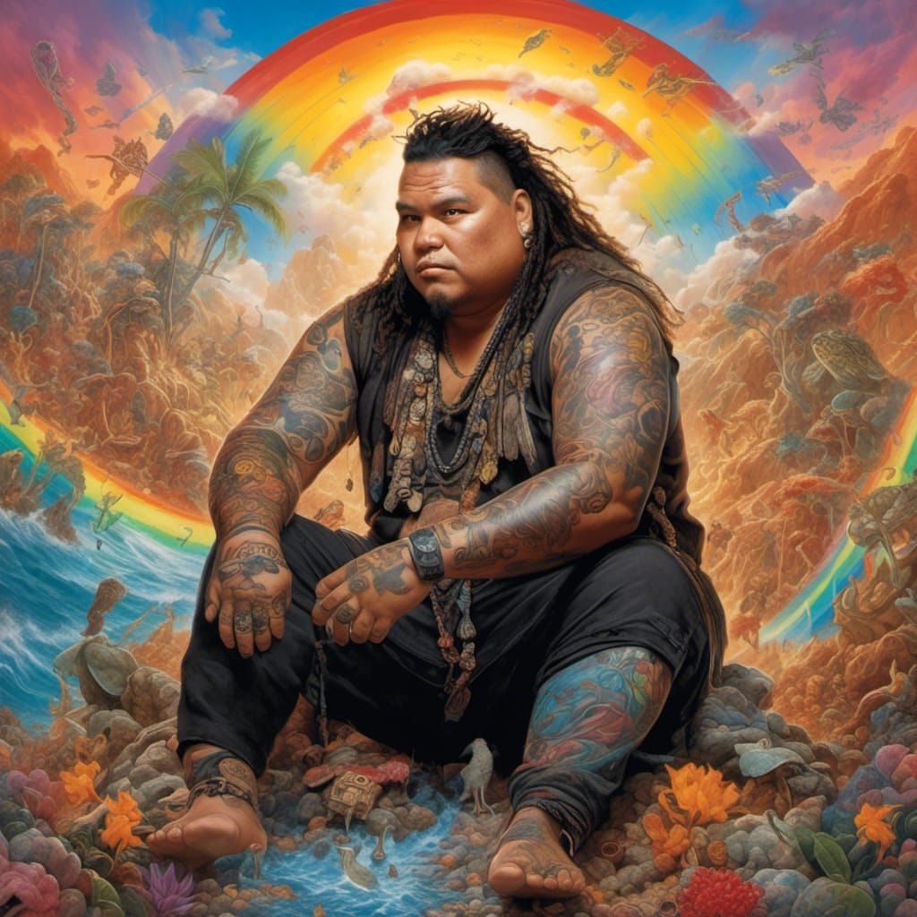 Hyperreal Israel Kamakawiwoʻole Sits on a Rainbow in a Vibra...