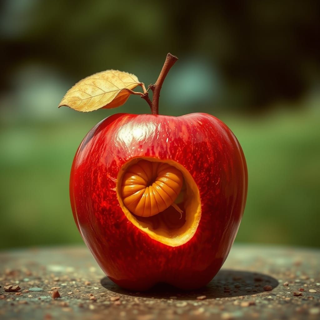 Surreal Apple with Worm, Dreamlike Textures