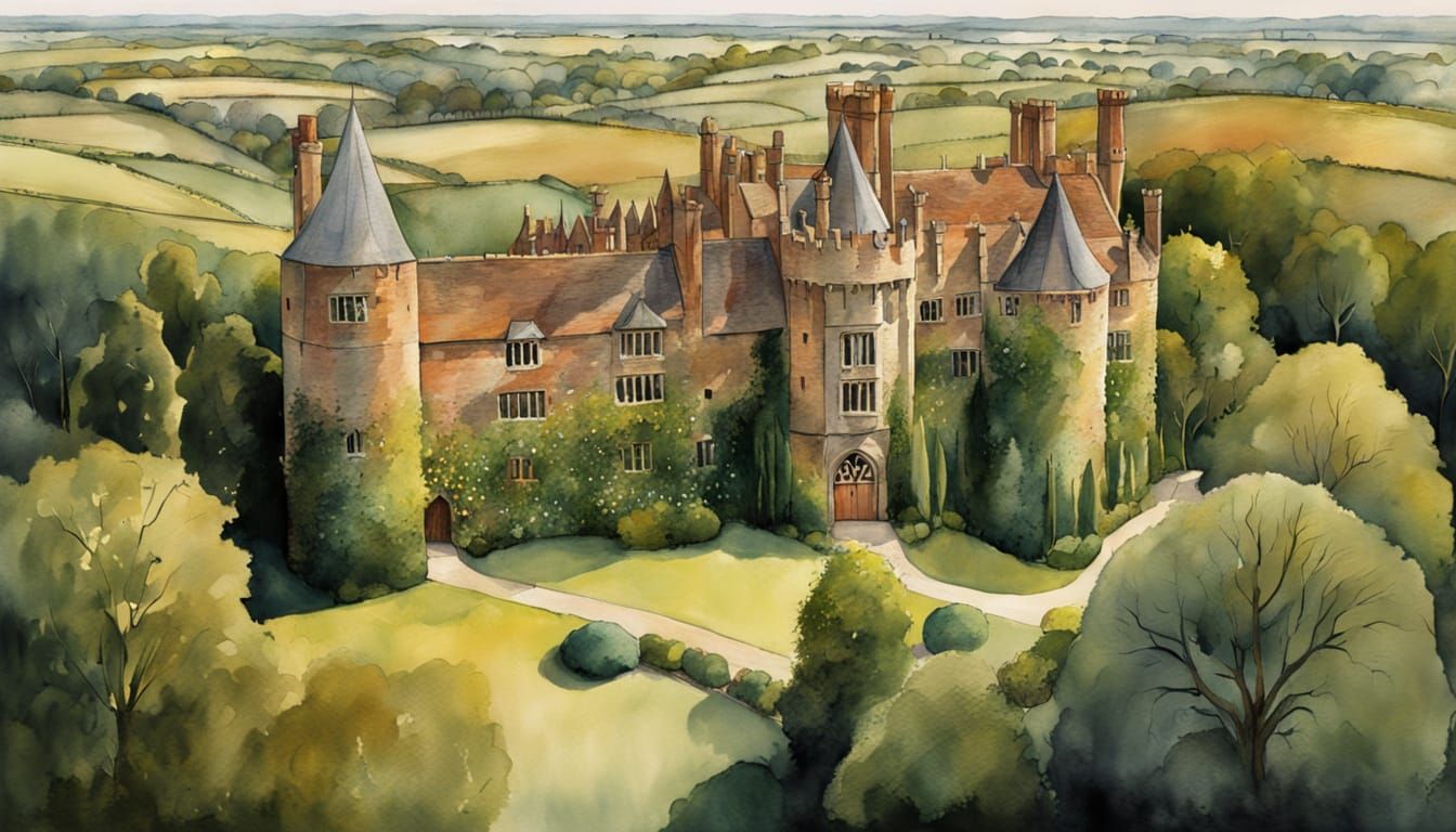 Dreamy Watercolor Landscape of Sissinghurst Castle Garden