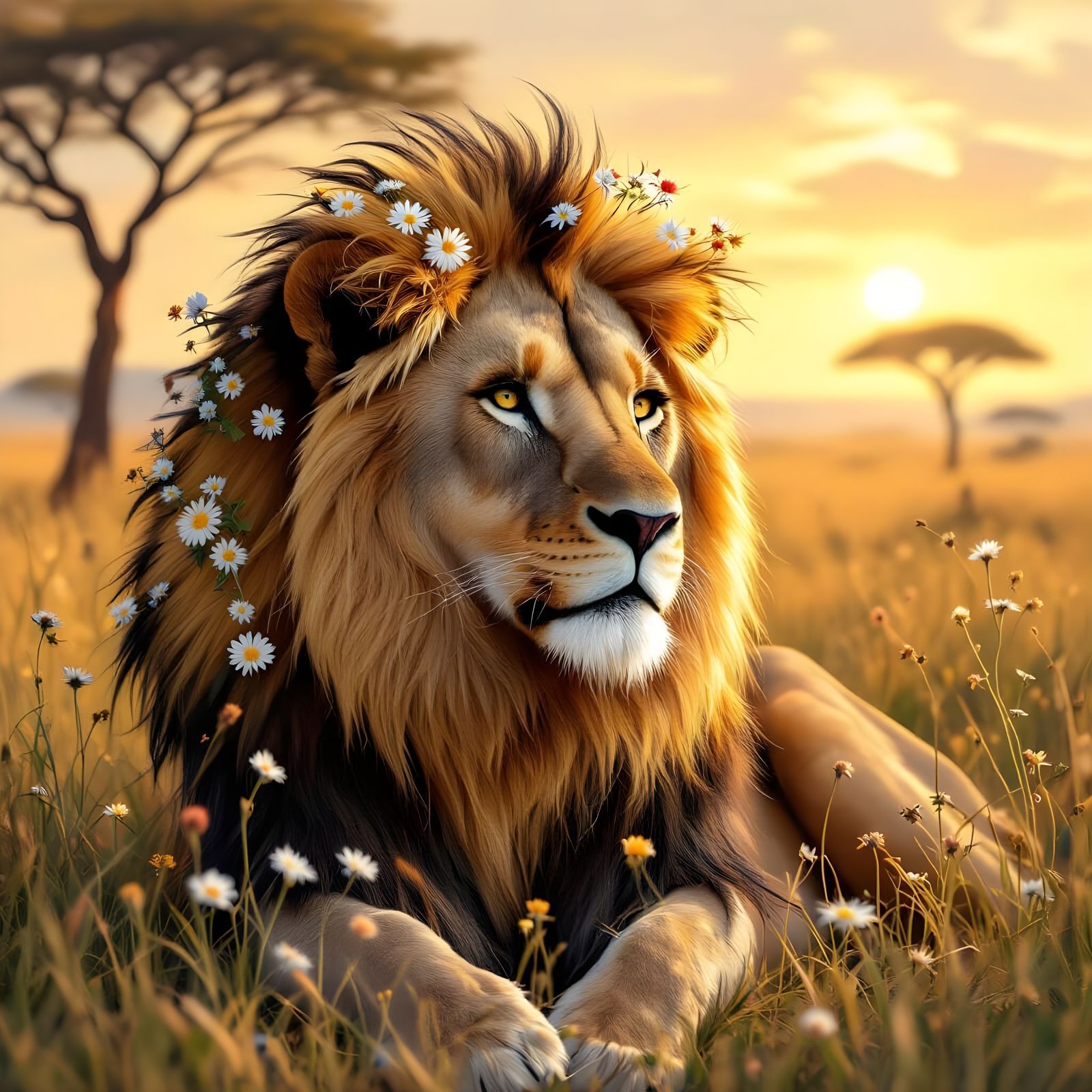 Lioness with Wildflower Mane on Savanna in Dreamlike Style
