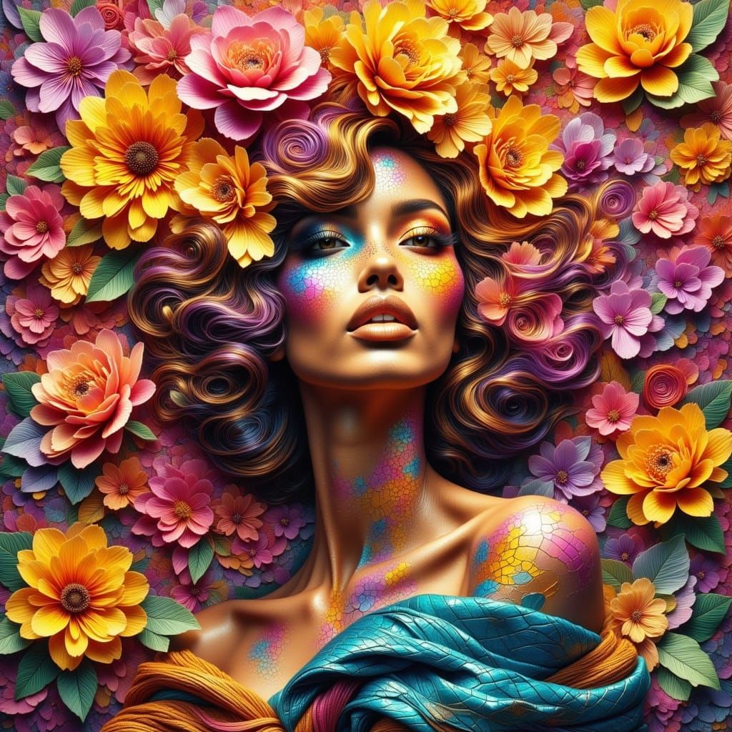 Edgy Woman with Giant Rose in Mosaic Style