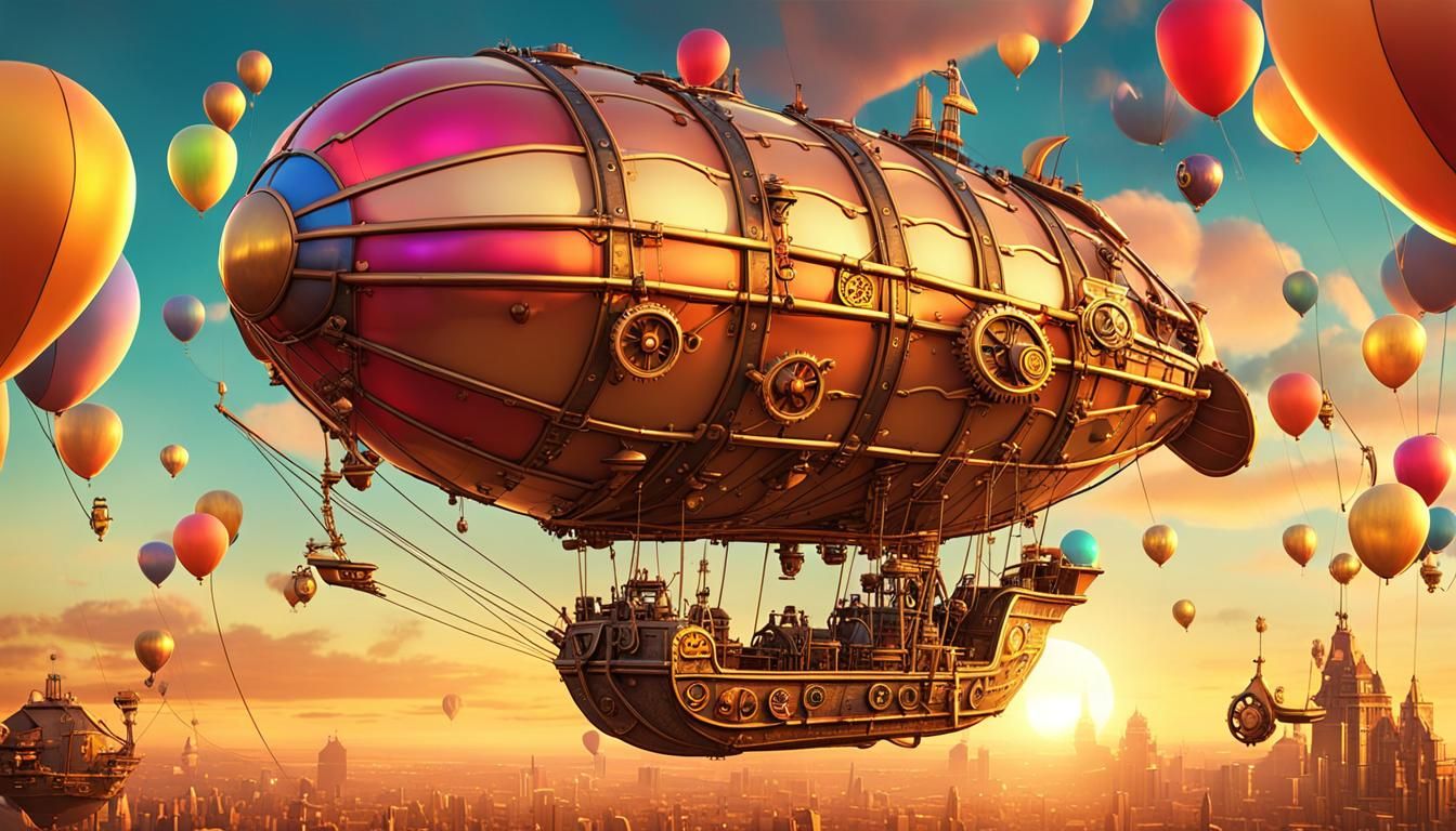 Whimsical Steampunk Airship Soars into Sunset