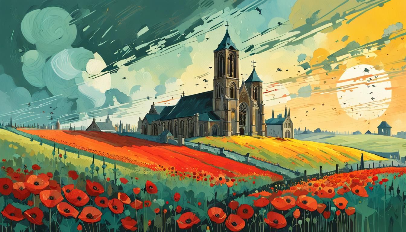 Surreal Poppy Fields Amidst War Memorials