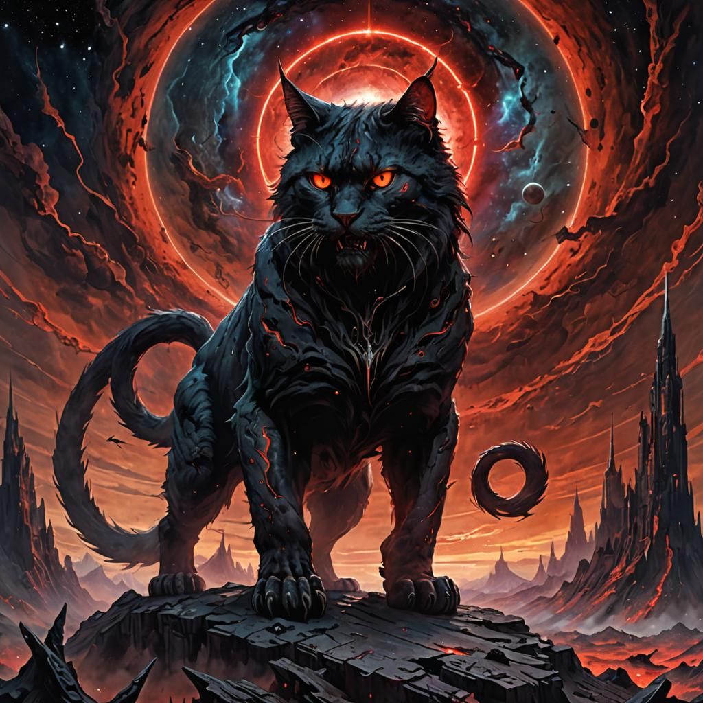 Demonic Cat God Amidst Dark Nebula in Surrealist, Biomechani...