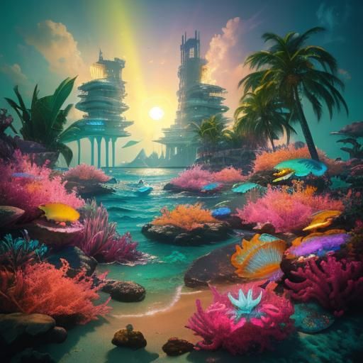 Vibrant Cyberpunk Beachside Fortress in Tropical Paradise