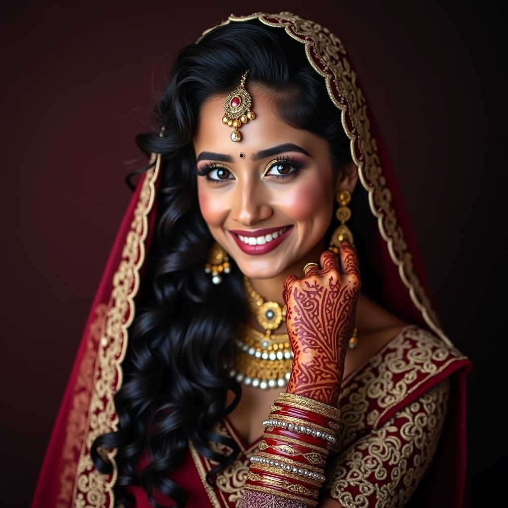 Indian Bride in Burgundy Lehnga with Gold Embroidery and Hen...
