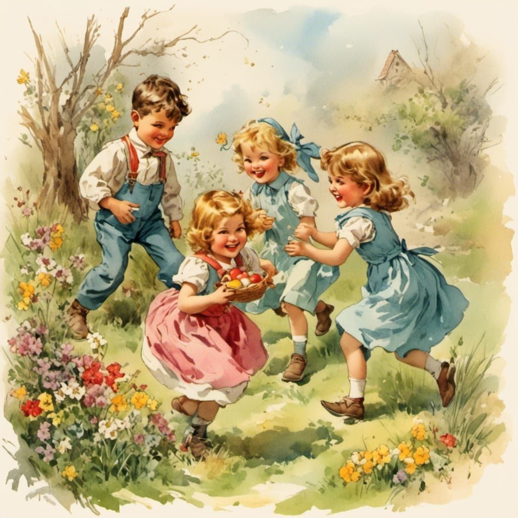 Vintage Easter Postcard Featuring Happy Children in Bright C...