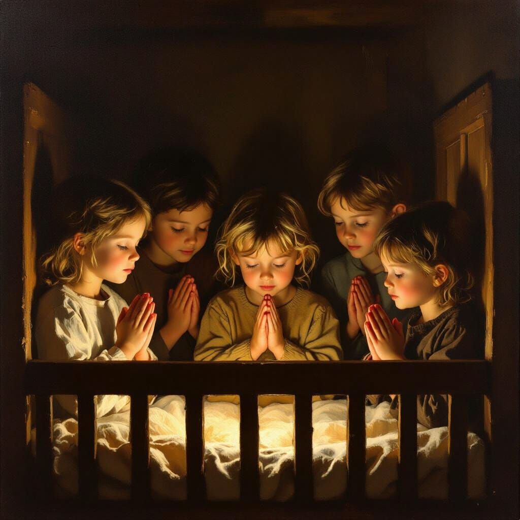 Children Praying Around Empty Crib in Warm Light