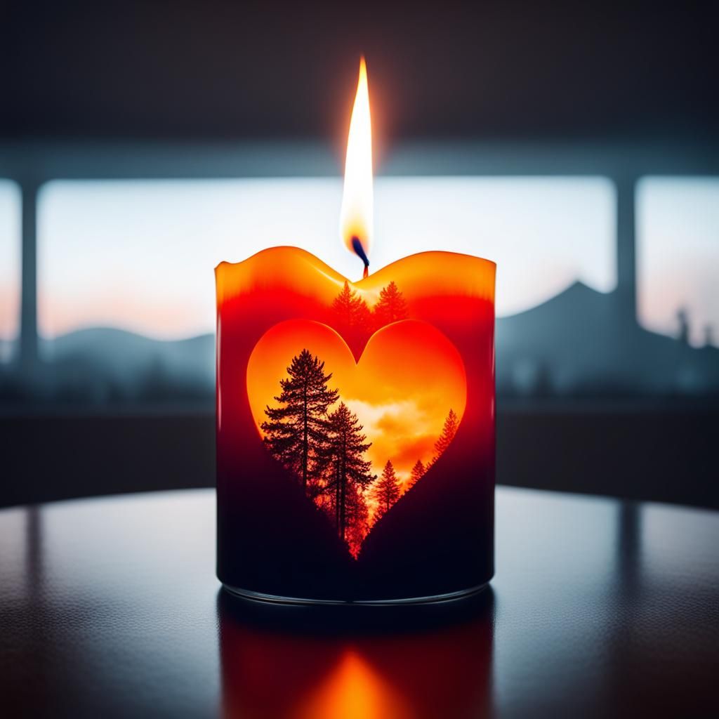 Surreal Heart-Shaped Candle Masterpiece in Double Exposure S...