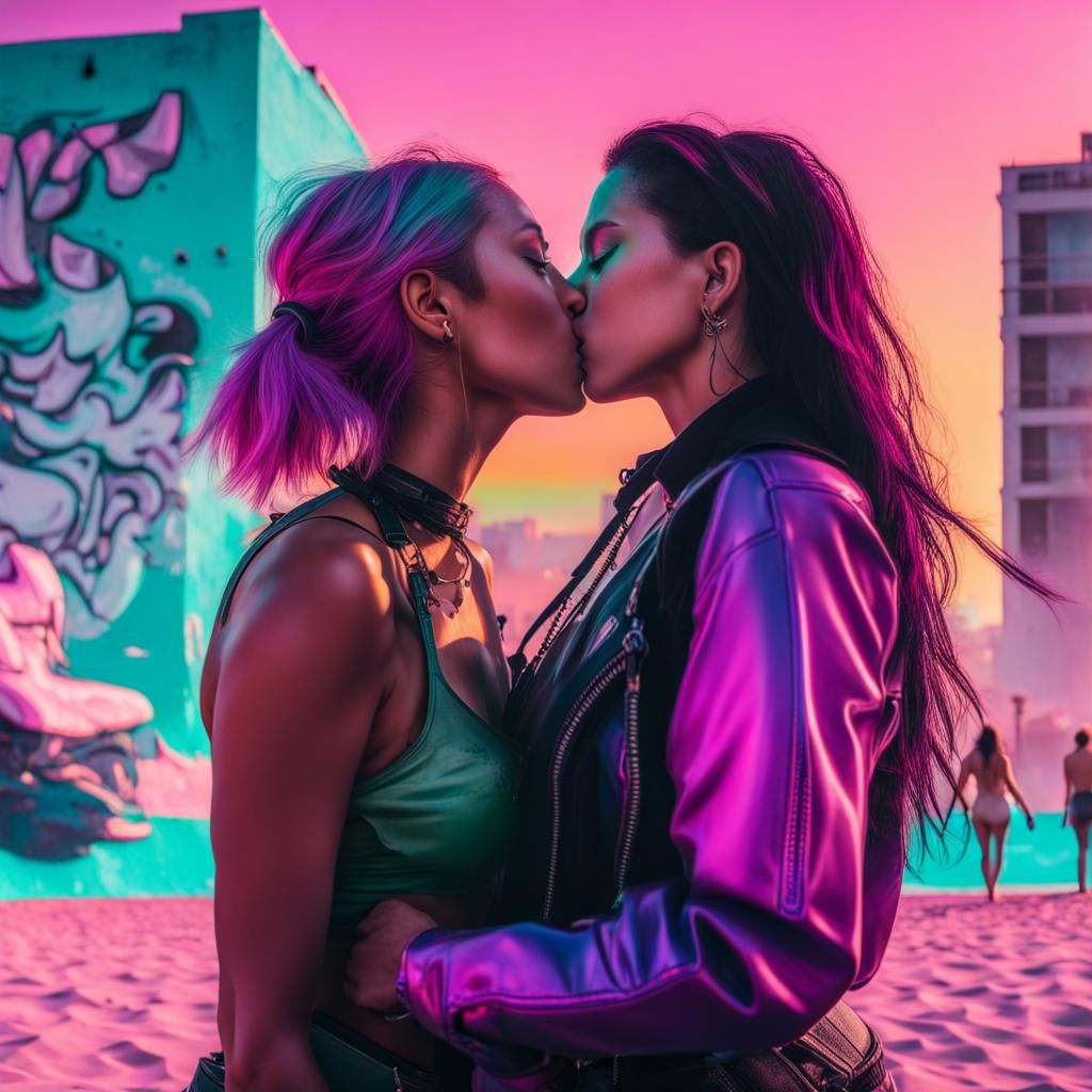 Surreal Cyberpunk Scene of Passion in Pastel Hues