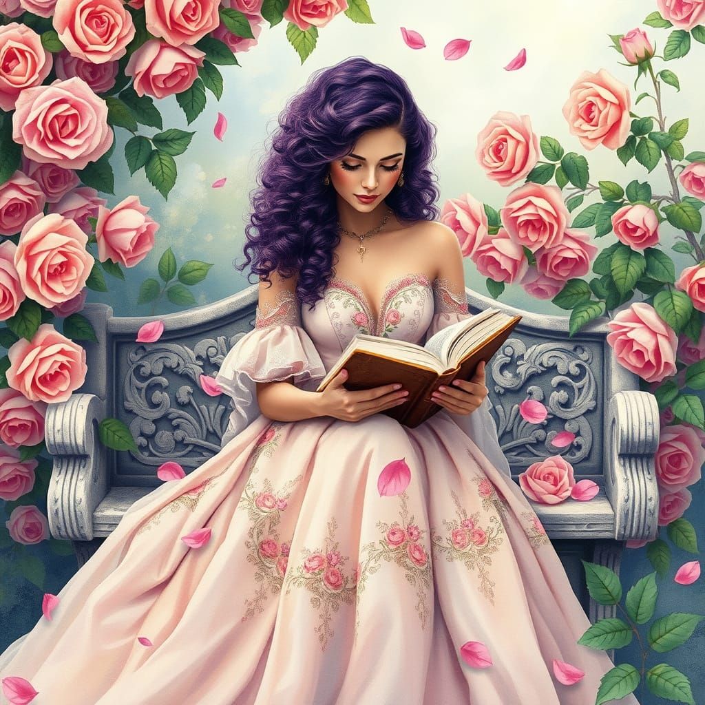 Regal Woman in Whimsical Watercolor Garden