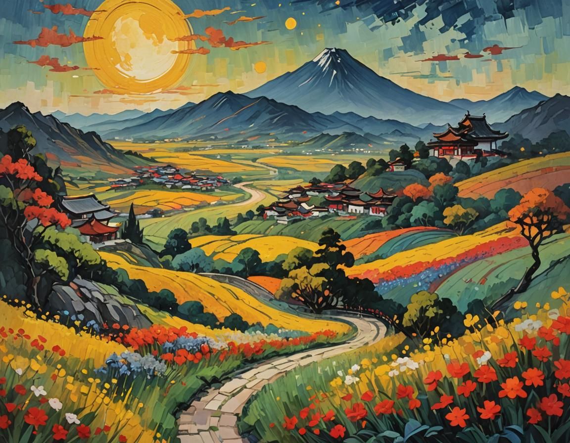 Glowing Yellow Moonlit Landscape in Neo-Impressionist Style