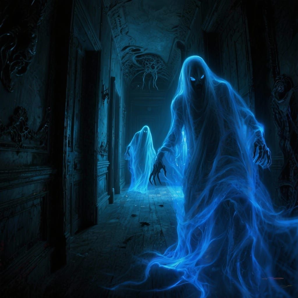 Ghostly Figures in Haunted Mansion Corridor