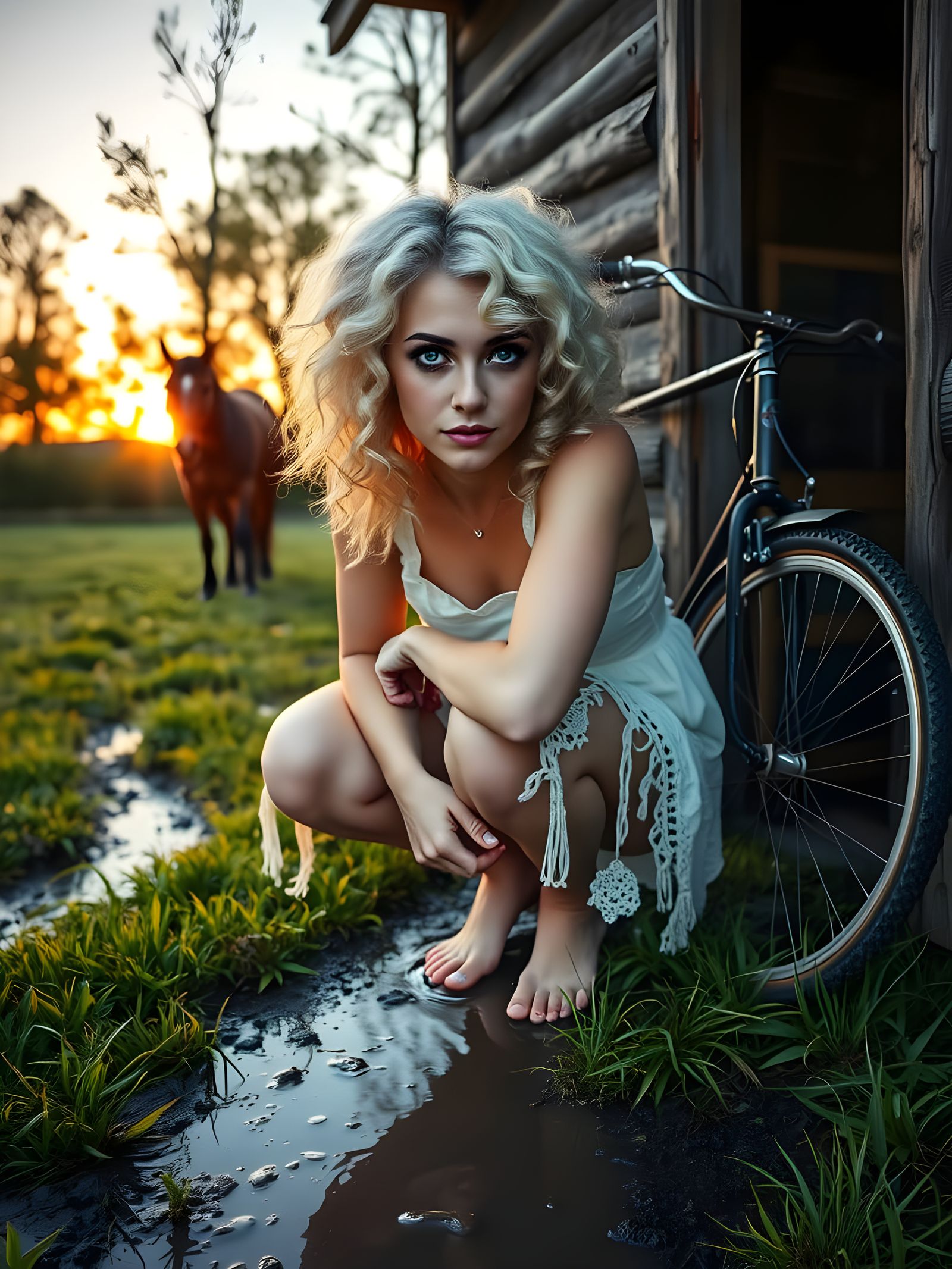 Ethereal Albino Woman Crouches in Sunrise Meadow Scene