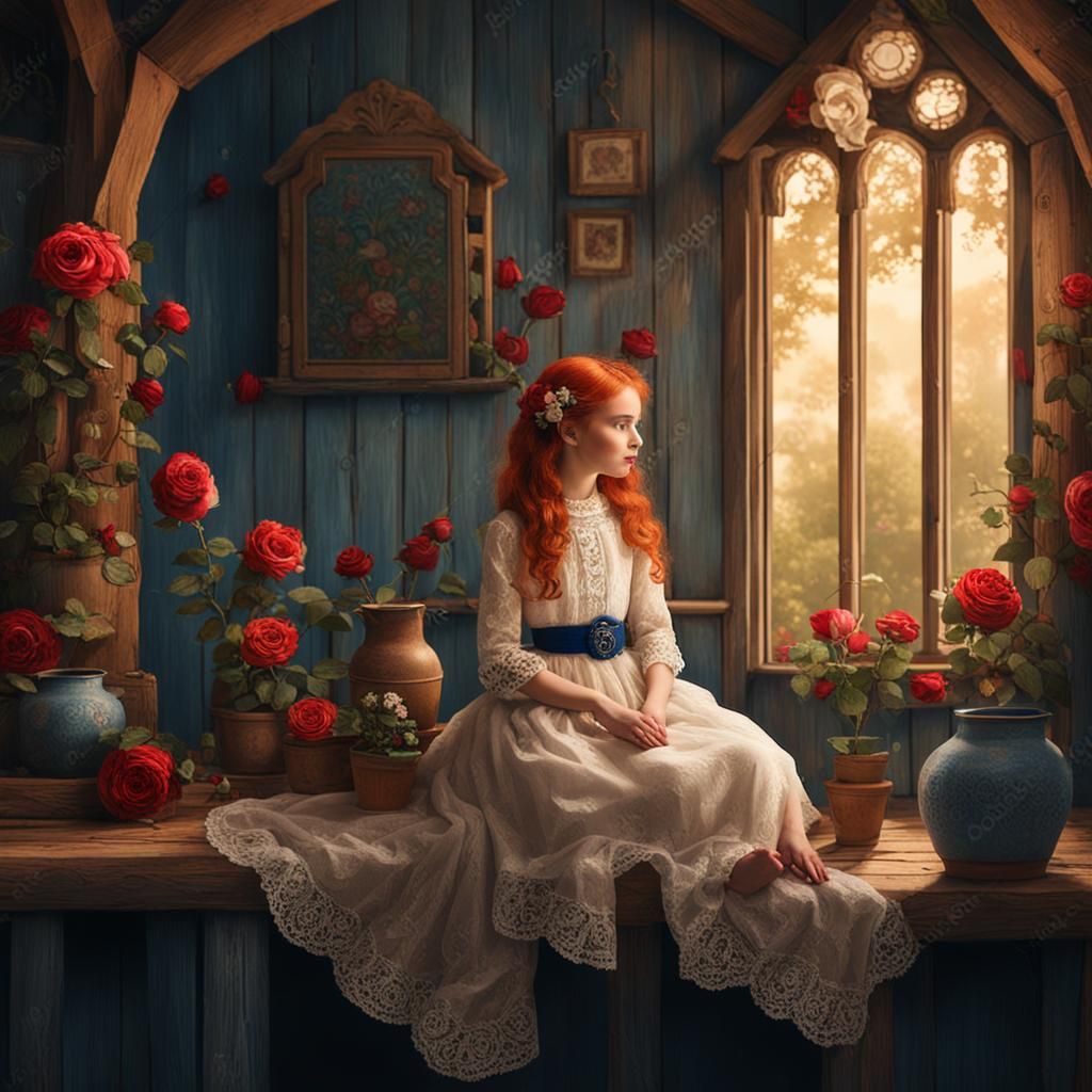 Folk Art Portrait of a Redhaired Girl in a Floral Setting