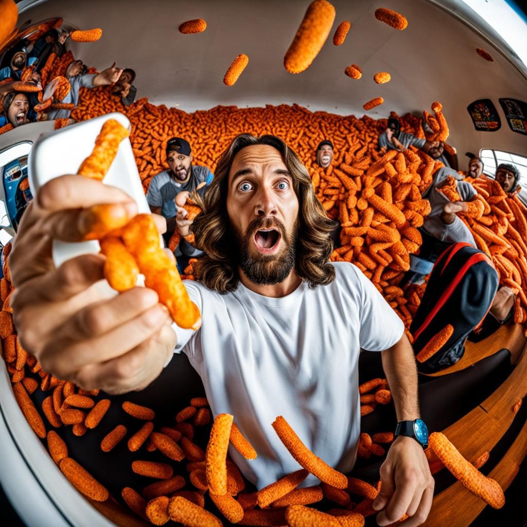 Jesus in Fisheye Lens Selfie with Cheetos
