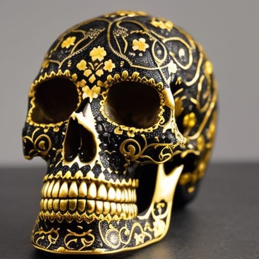 Golden Silver Filigree Skull in Dramatic Bioluminescent Deca...