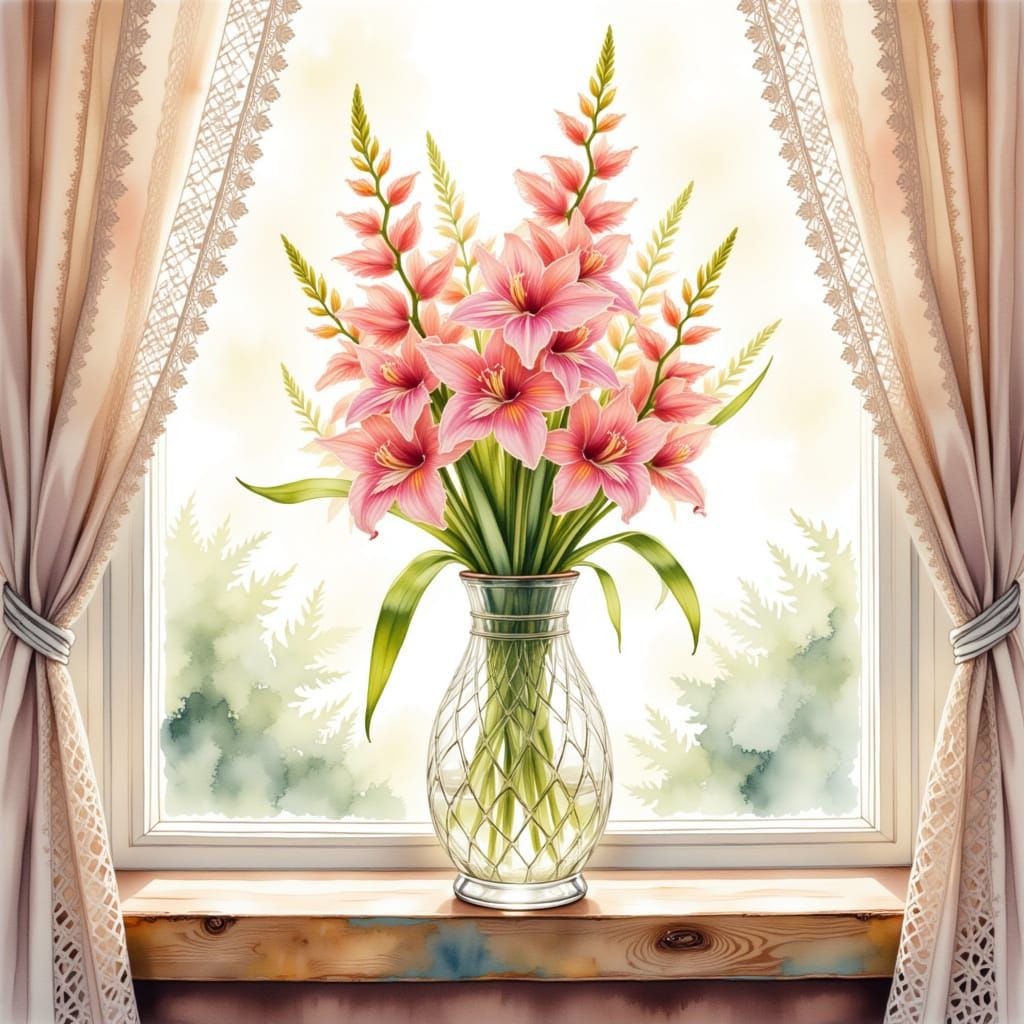 Gladioli in Crystal Vase, Watercolour Style