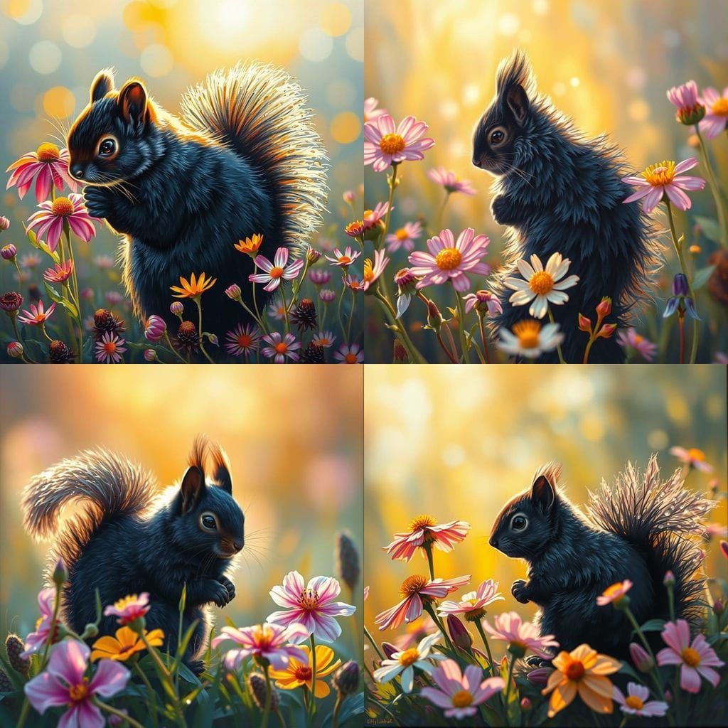 Fluffy Black Squirrel in Wildflower Meadow
