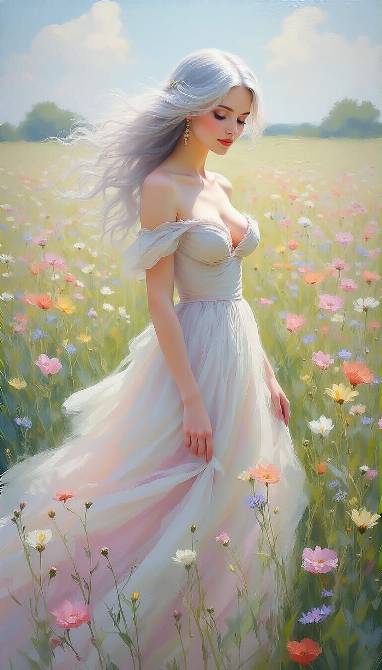 Impressionist Woman in Wildflower Field with Silver Hair