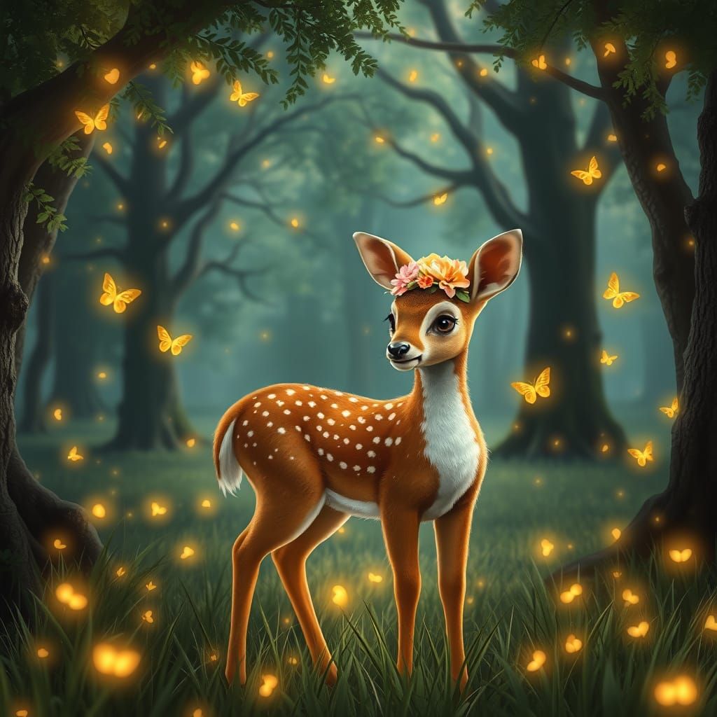 Deer and Fawn in Enchanted Forest, Painterly Style