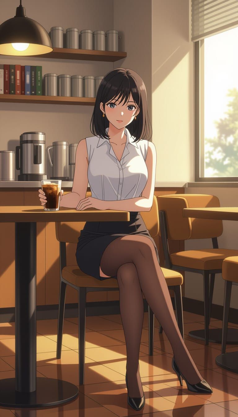 Anime Office Lady in Cafe with Coffee