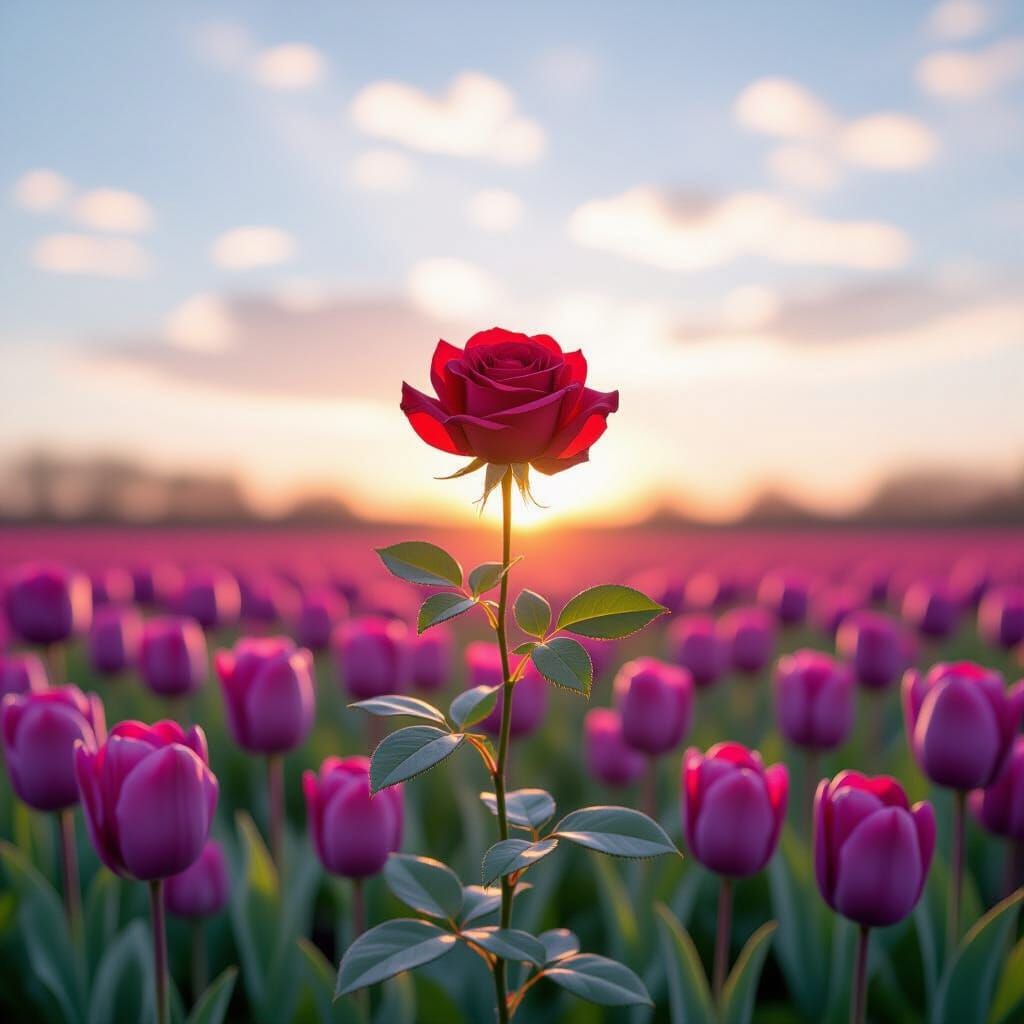 Vibrant Red Rose Among Purple Tulips
