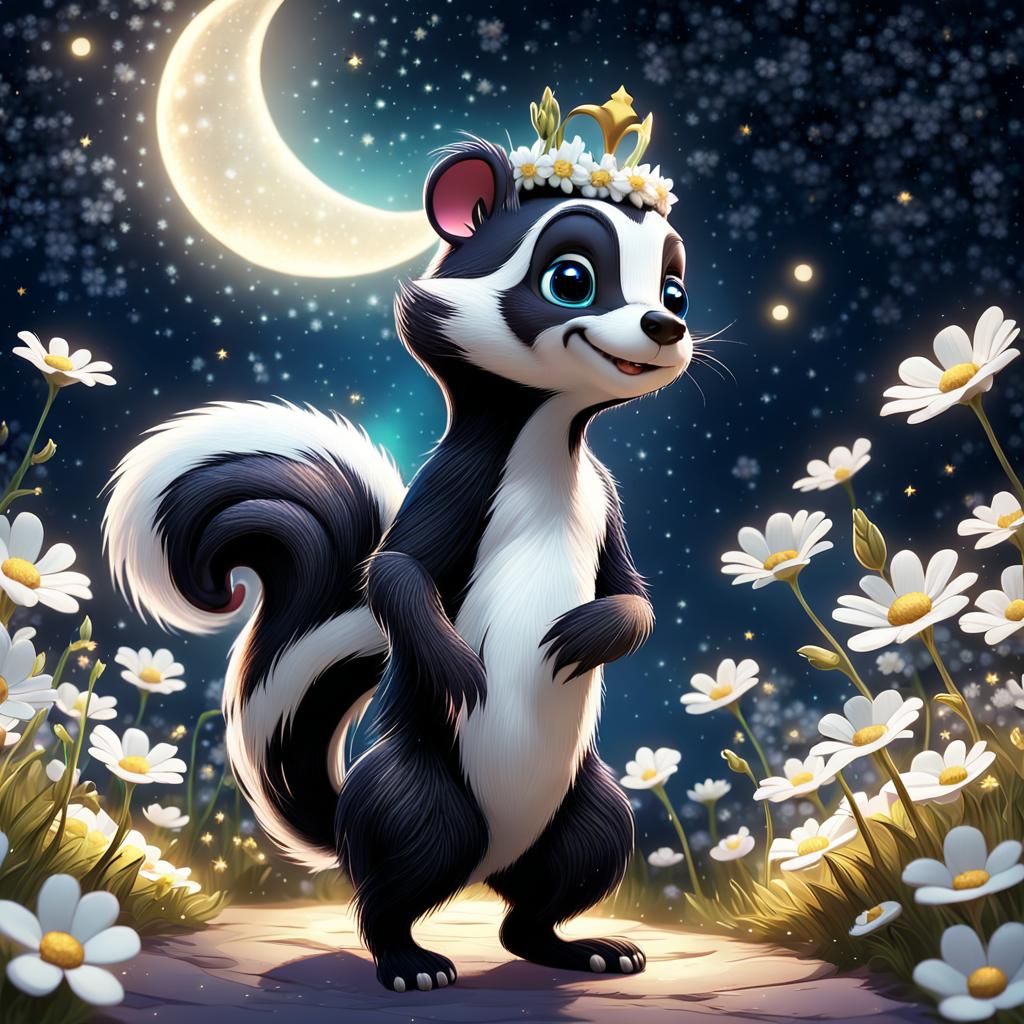 Cute Skunk Under Starry Night Sky in Vibrant Digital Art
