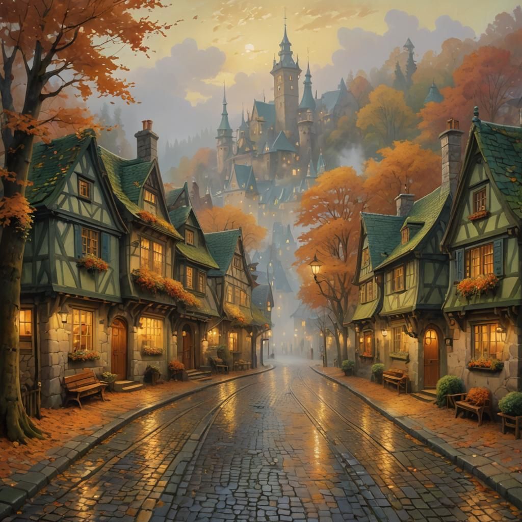 Whimsical Autumn Fairy-Tale Town in Oil on Canvas