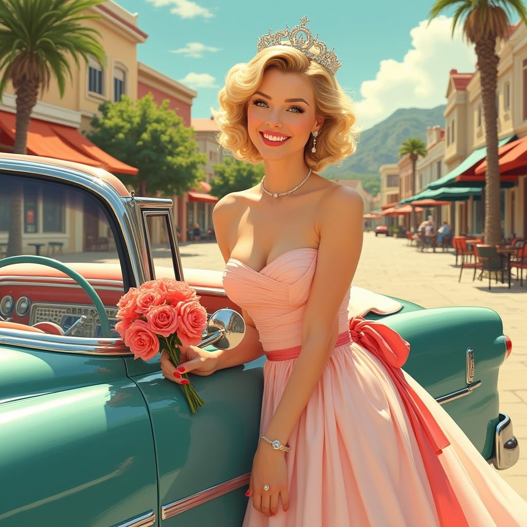 1950s Beauty Queen in Town Square, Illustration