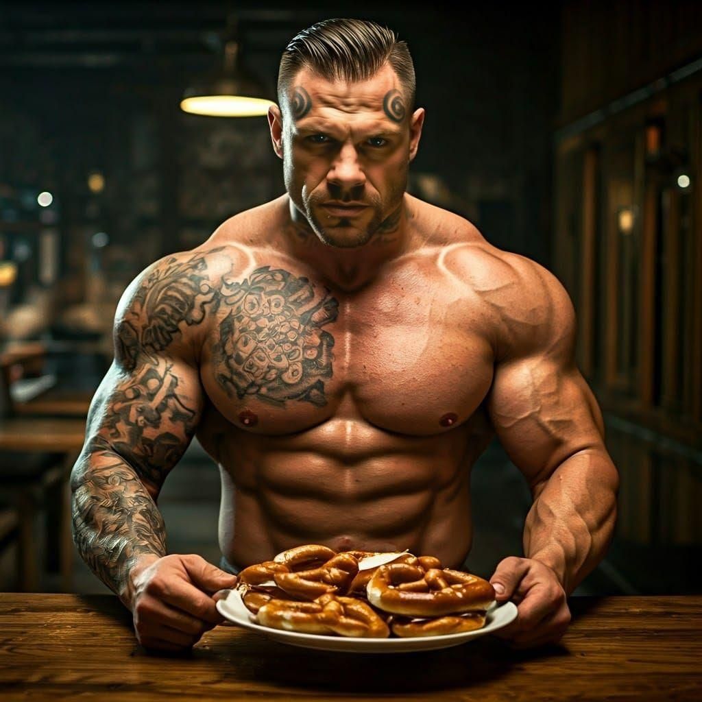 Tattooed Muscle Man in Cinematic Pretzel Buffet Scene