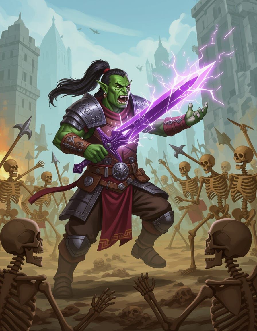 Half-Orc War Priest Fights Skeleton Horde