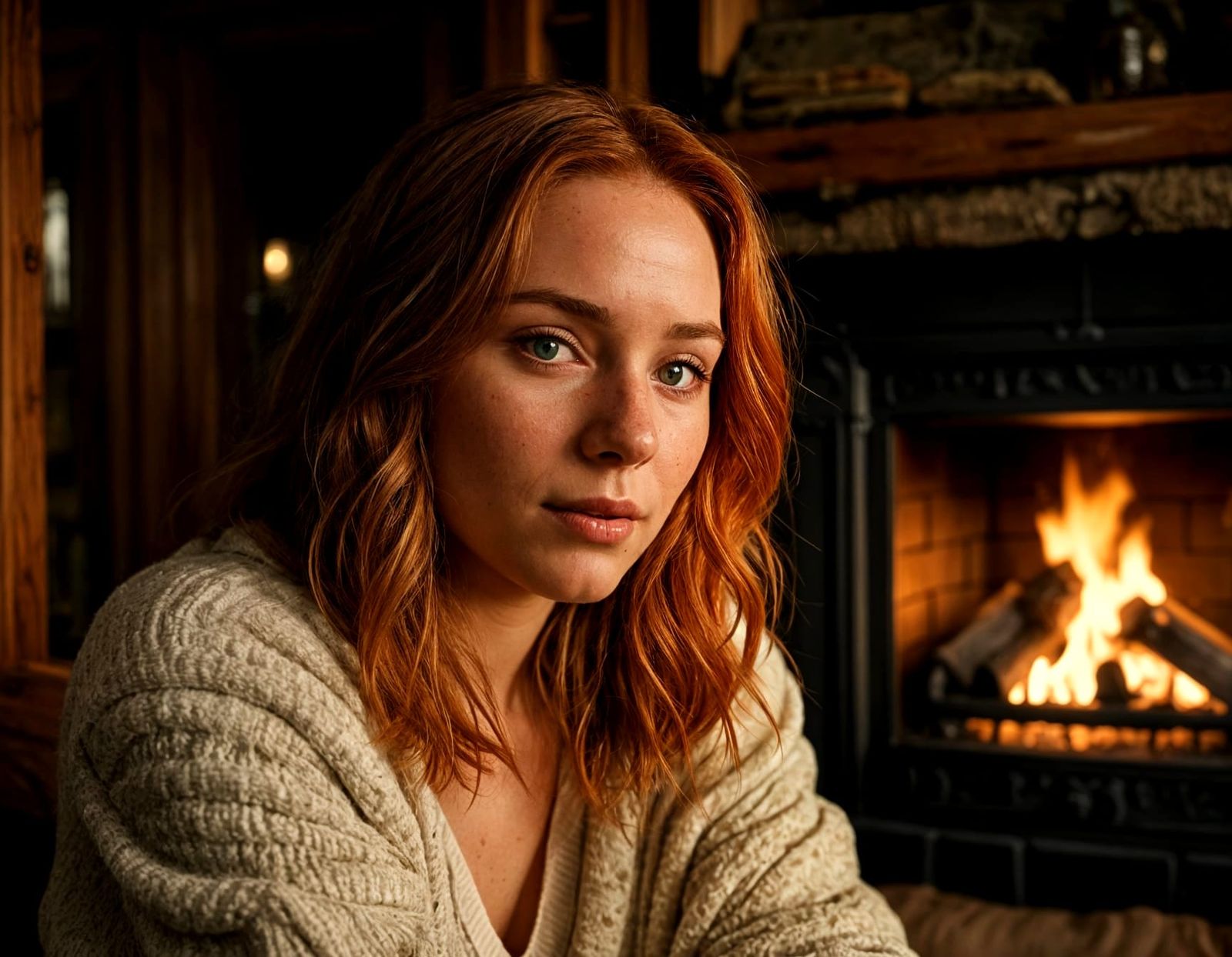 Irish Woman Warming by Fireplace on Rainy Night