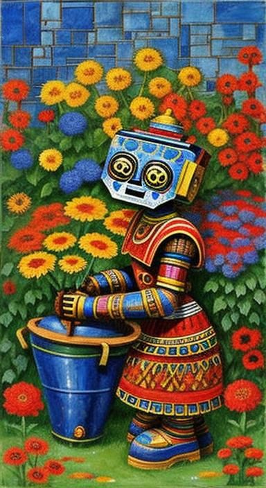 Rusty Robot Meets Aztec Geometrics in Vibrant Gouache Colors