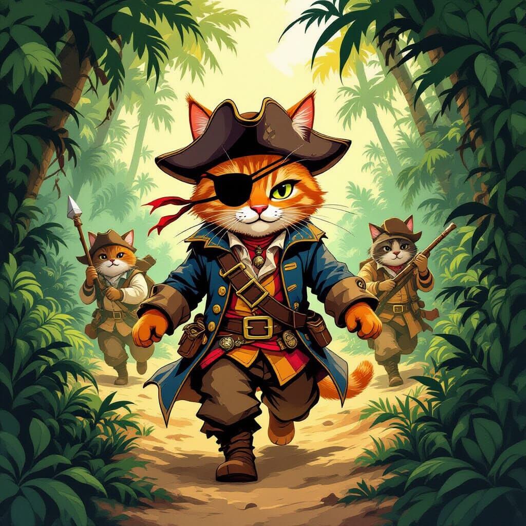 Pirate Tabby Cat Leads Treasure Hunt in Jungle