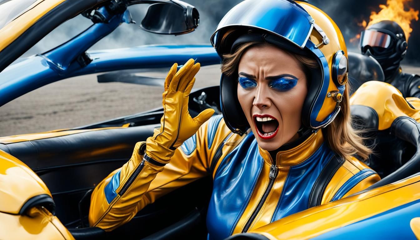 Beautiful Female Racing Driver in Peril, Burnt Car