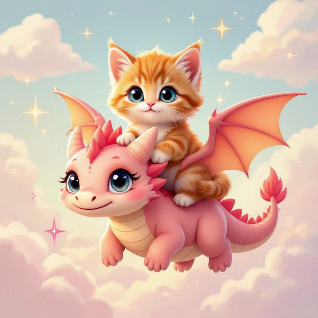 Adorable Kitten on Pastel Pink Dragon in Whimsical Cartoon S...