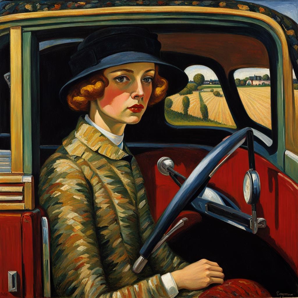 Mysterious Woman in Car, Blending Art Brut and Neo-Impressio...