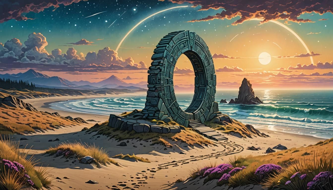 Ancient Stone Stargate at Dunes' Edge, Where Dark and Light...